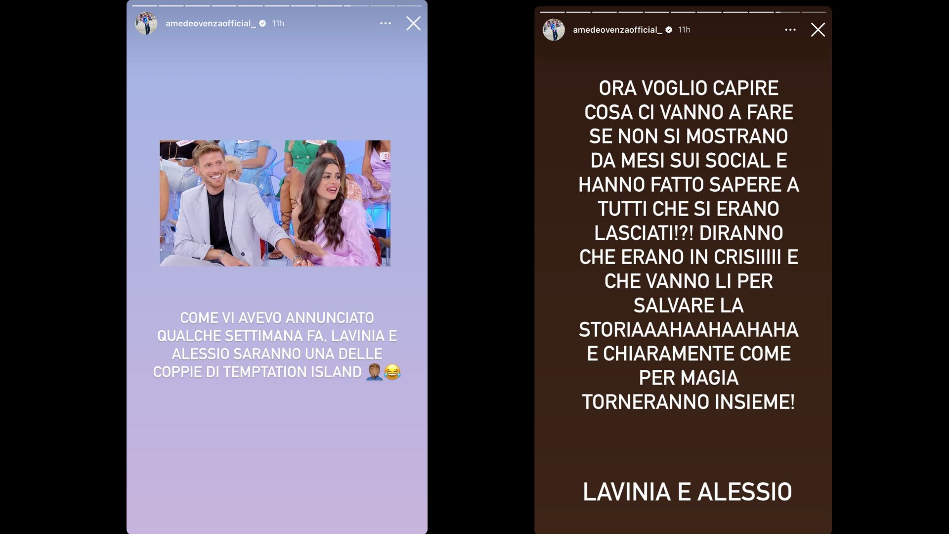Stories Instagram di Amedeo Venza sulla partecipazione di Lavinia Mauro e Alessio Corvino a Temptation Island
