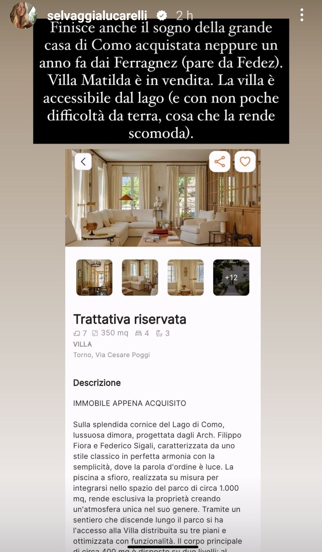 instagram story selvaggia lucarelli vendita villa matilda