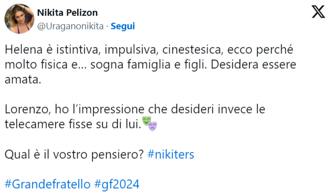 Nikita Pelizon commenta la vicinanza tra Lorenzo e Helena