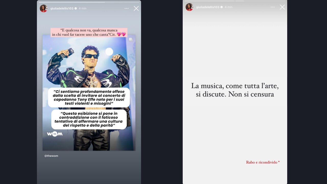 Story Instagram di Giulia De Lellis contro l'esclusione di Tony Effe dal Capodanno a Roma 