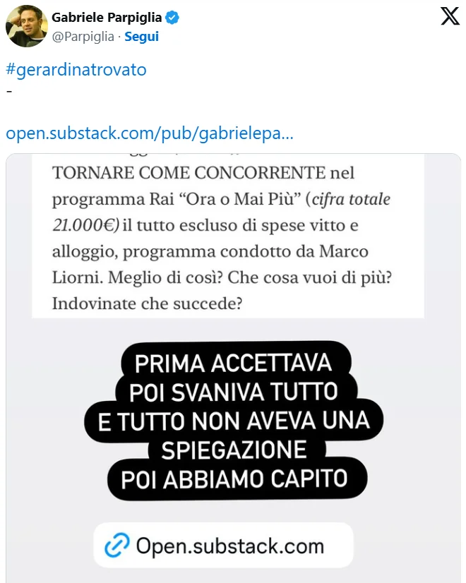 Tweet Gabriele Parpiglia su Gerardina Trovato